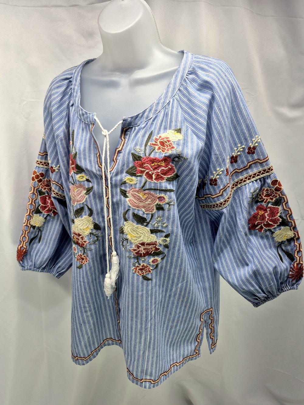 Paparazzi Blue White Striped Floral Embroidered Boho Peasant Blouse Size Large